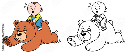 Funny Cartoon Baby Boy Riding on Tired Brown Bear Back Vector Illustration with Black and White Outline for Coloring Book Page