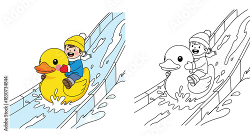 Funny Cartoon Boy Riding Giant Yellow Rubber Duck on Water Slide Vector Illustration with Black and White Outline for Coloring Book Page