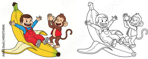 Funny Cartoon Boy Sliding on Giant Banana with Happy Monkey Friend Vector Illustration with Black and White Outline for Coloring Book Page