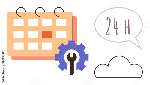 Calendar with gear representing task scheduling, cloud for online tools, and 24-hour speech bubble for availability. Ideal for time management, operations, cloud technology, customer support