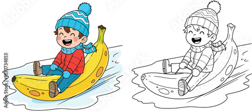 Funny Cartoon Boy Riding Giant Banana Sled in Winter Snow Vector Illustration with Black and White Outline for Coloring Book Page