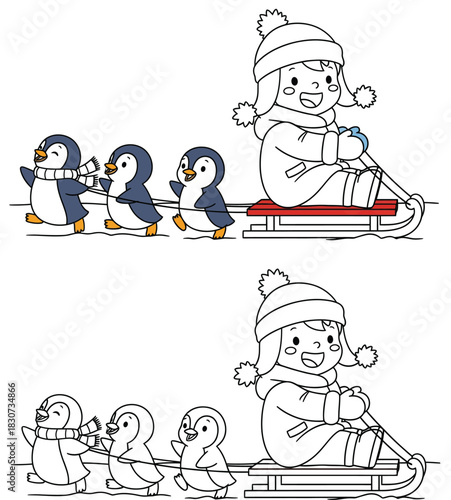 Cute Cartoon Child Riding Sled Pulled by Three Penguins in Winter Snow Vector Illustration with Black and White Outline for Coloring Book Page