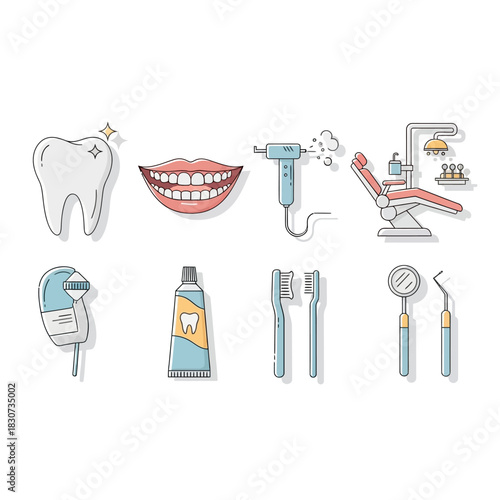 Illustrative dental care equipment set showcasing oral hygiene and treatment tools for healthy teeth