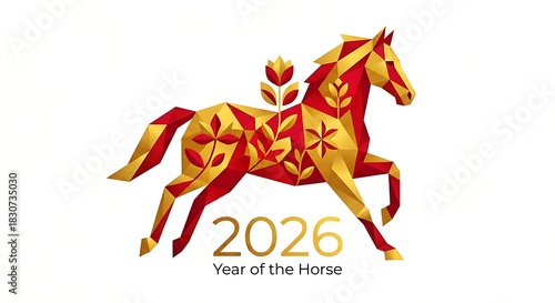 Geometric Chinese Lunar New Year 2026 Horse Illustration in Red and Gold