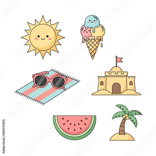 A Whimsical Summer: Cartoon Icons Celebrating Beach Days and Sweet Treats Under the Sun