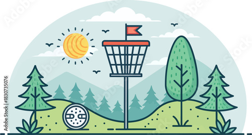 Flat vector icon depicting disc golf activity outdoors