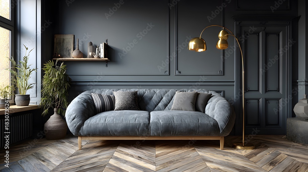 Fototapeta premium Contemporary living room with grey sofa and herringbone wood floor featuring brass floor lamp and minimalist interior design with warm light.