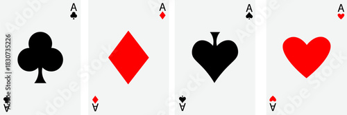 Playing card set, Four playing card suits icon set. Poker cards suits. Hearts, clubs, diamonds, spades ace. Winning poker hand. Casino gambling concept.