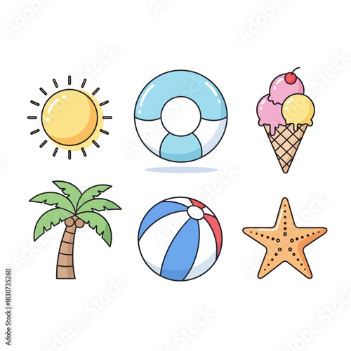 Cheerful summer holiday icons depicting sun, palm, floater, treats and starfish in vibrant colors