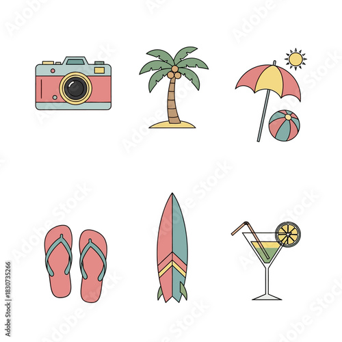 Summer vacation icons: A vibrant collection of tropical getaway essentials illustration