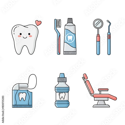 Charming dental care illustration showcasing toothy smiles and essential oral hygiene tools