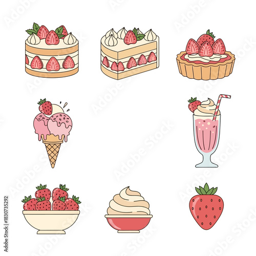 Strawberry-themed desserts and treats in a whimsical illustration style for delectable creations