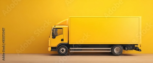 The yellow delivery truck positioned against a minimalist monochrome background with wooden floor