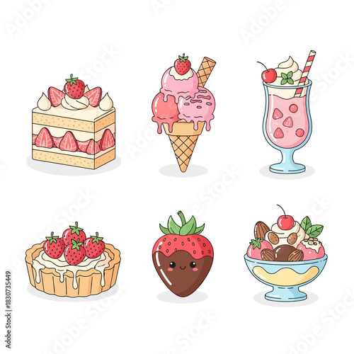 Delightful strawberry dessert collection, a sweet compilation with cake, ice cream, and tart