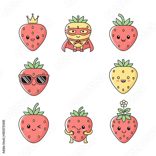 Adorable collection of kawaii strawberry characters exhibiting diverse expressions and costumes