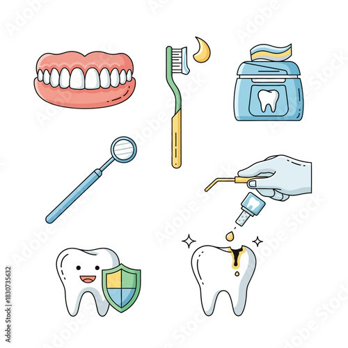 Collection of dental care icons illustrating hygiene practices and treatment options for oral