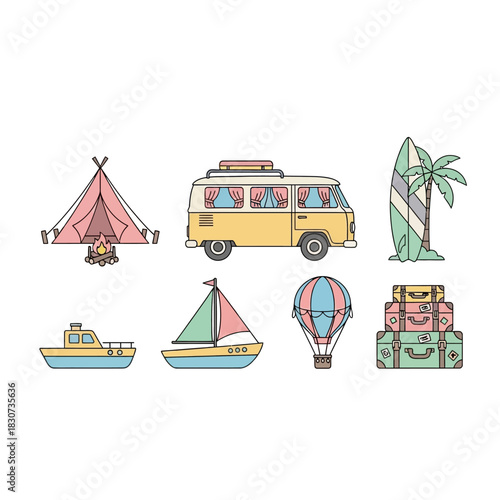 Delightful hand-drawn summer vacation elements evoking carefree adventures and leisure time