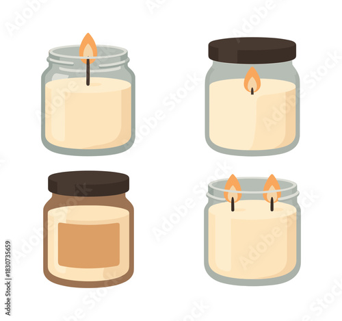 Candle collection, jars with flames, wicks, flat vector illustration