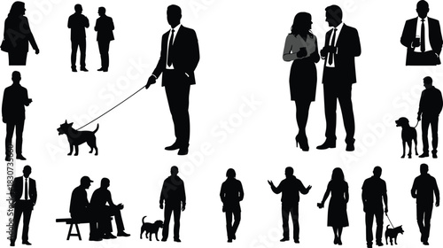 Silhouette collection of people walking, talking, standing, and interacting with pets in various daily life scenes, communication and lifestyle concept