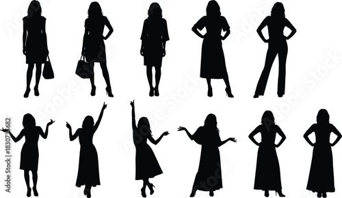 Silhouette collection of women standing, posing, gesturing, and expressing various emotions in diverse fashion styles for lifestyle, communication, and design concepts