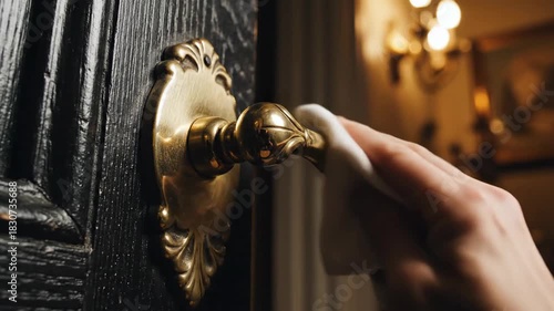 Maintaining Door Hygiene: A Sequence Showing Handle Cleaning and Sterilization Effort