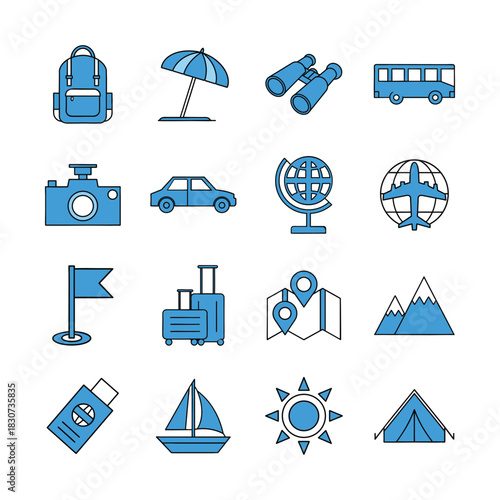 Blue travel icons depicting various vacation elements on transparent background