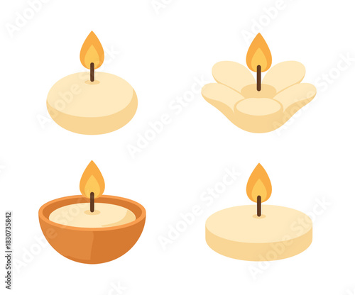 Candle collection, wax melts, tea lights, flat vector illustration