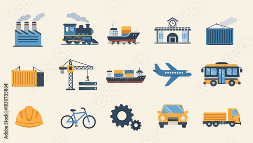 Transportation icons set for travel and vehicle illustration