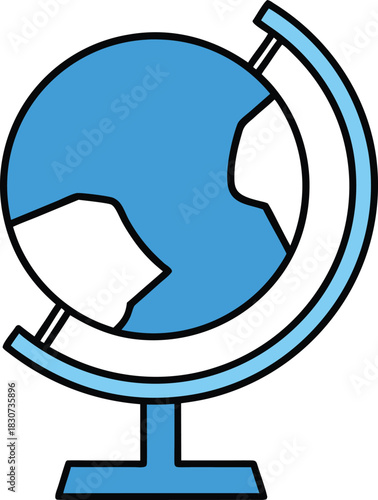 Illustration of a blue and white globe on a stand on transparent background