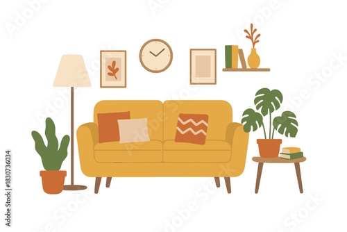 Cozy modern living room interior with yellow sofa, floor lamp, and houseplants