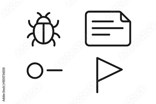 Outline icons for software development and project management featuring bug, document, node, and flag