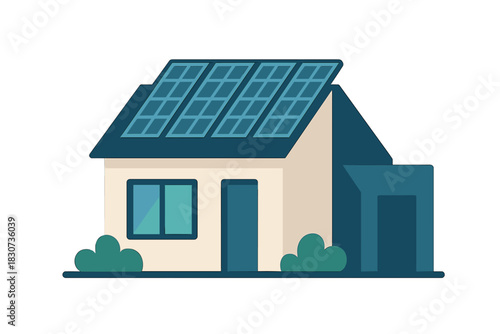 Modern residential house with solar panels on the roof for sustainable energy