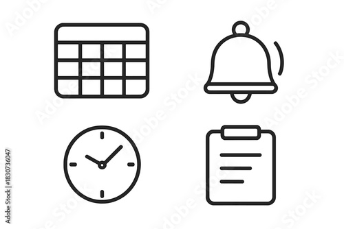 Productivity and time management icons set with calendar, clock, notification bell, and clipboard