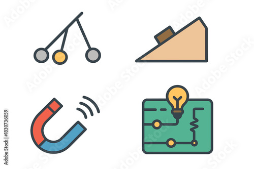 Fundamental physics concepts set featuring mechanics, magnetism, and basic electrical circuit diagrams