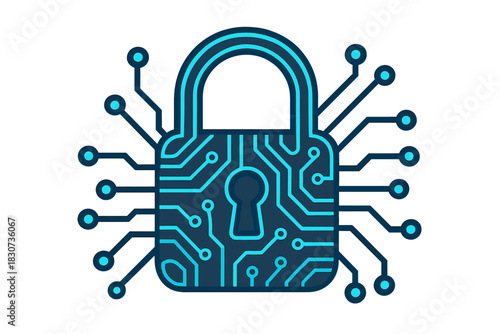 Secure lock symbol integrated with electronic circuit lines for cybersecurity