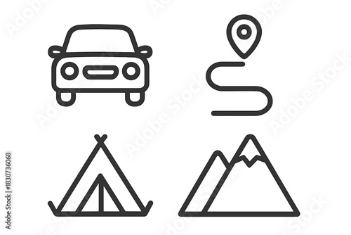 Minimalist line symbols for travel, road trip, navigation, camping, and outdoor adventure