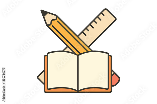 Open textbook with blank pages, yellow pencil, and ruler symbolizing education and study