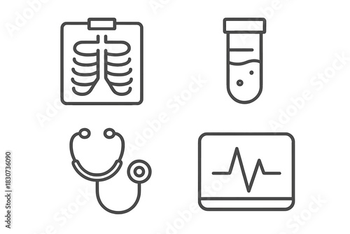 Essential medical diagnostic tools and healthcare equipment symbols including stethoscope and -ray