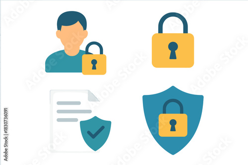 Digital security and data protection icons set with user profile, locked padlock, secure document, and shield symbols
