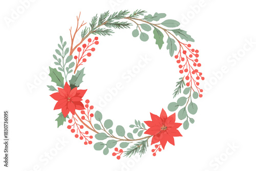 Festive holiday wreath featuring red poinsettias, green eucalyptus leaves, and winter berries