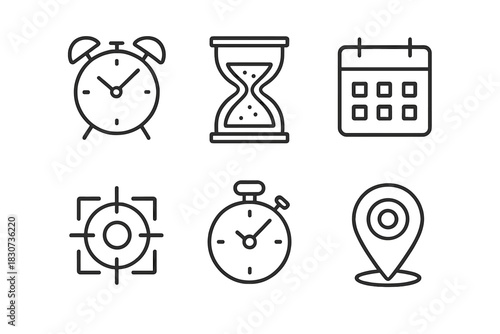 Essential time management and scheduling symbols including alarm clock, calendar, and stopwatch