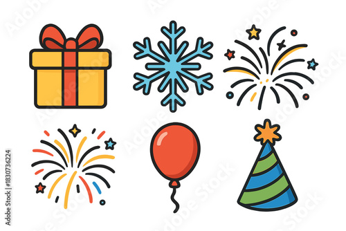 Colorful celebration and holiday icons set with gift, snowflake, fireworks, balloon, and party hat