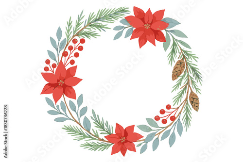 Watercolor Christmas wreath featuring poinsettia flowers, pine branches, red berries, and cones