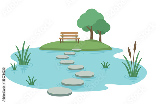 Stepping stones pathway over water leading to a peaceful island with a park bench and trees