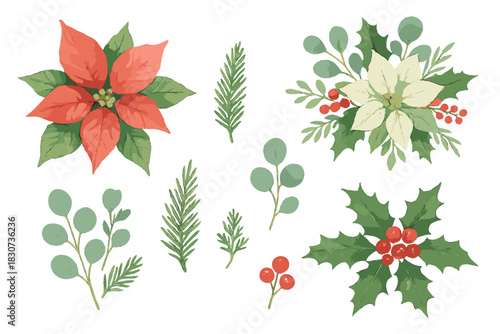 Watercolor Christmas floral arrangement with poinsettia holly and pine branches