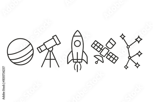 Set of space and astronomy symbols: planet, telescope, rocket, satellite, constellation