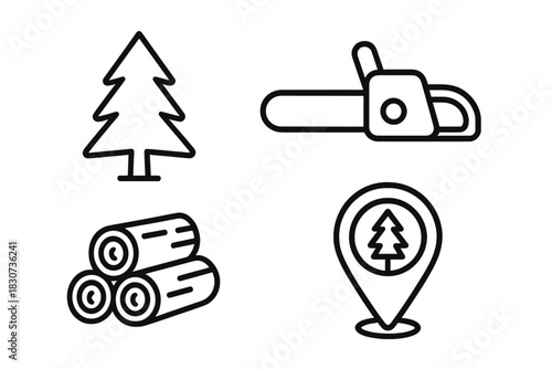 Outline icons for forestry, logging, and wood industry featuring tree, chainsaw, logs, and location pin