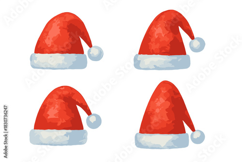 Four festive red and white Santa Claus hats with soft watercolor texture