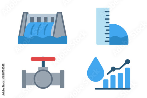 Water resource management symbols including dam, level gauge, pipe valve, and usage statistics chart