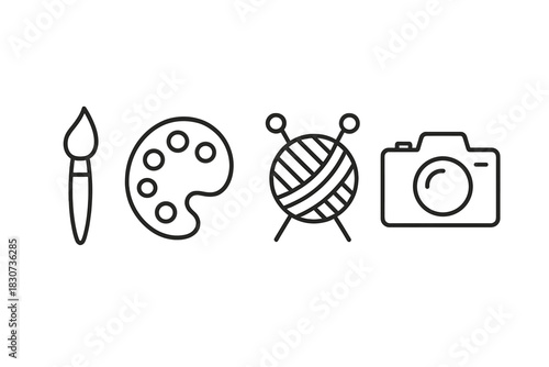 Set of line icons for creative arts, including painting, knitting, and photography tools